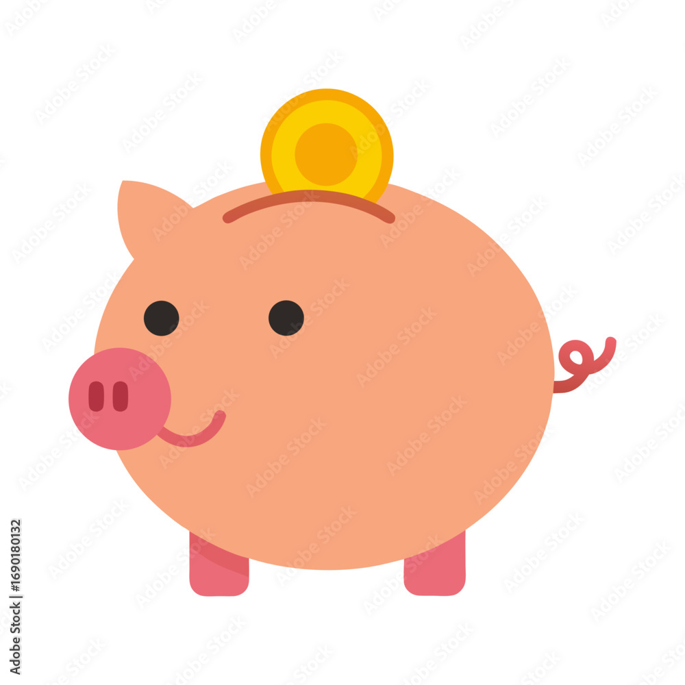 Fototapeta premium Cartoon Piggy Bank With Coin Smiling Face Flat Vector Illustration