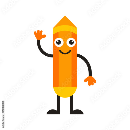 Cartoon Pencil Character Waving Hand Clean Vector Illustration