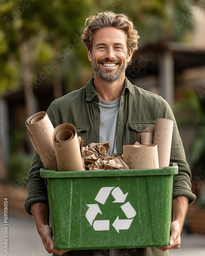 Smiling man holding recycling bin with paper waste for eco-friendly lifestyle.
