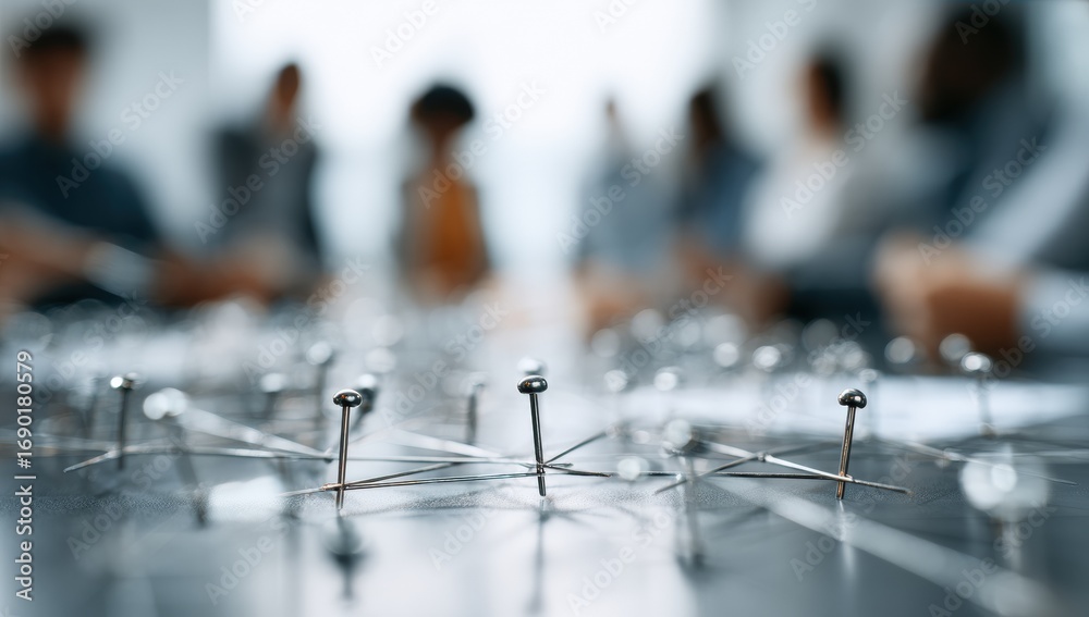 Obraz premium Blurred business meeting, pins connecting