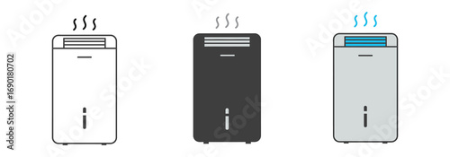Vector art of three different colored dehumidifiers, white, black, and gray, with steam coming out of them