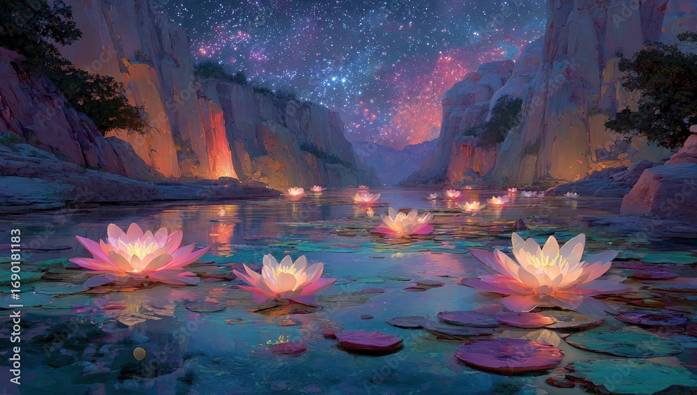 Fototapeta premium Starry night river, lotus blossoms