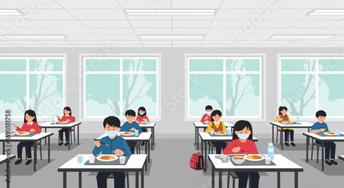 Children eating lunch in school cafeteria, practicing social distancing with masks for safety