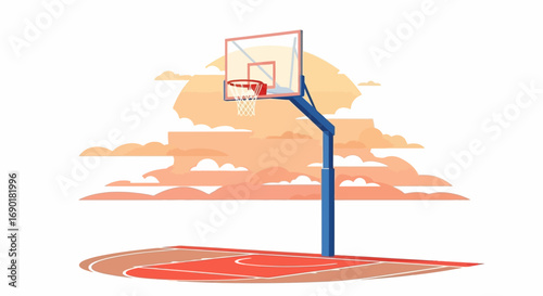 Outdoor basketball hoop and court with a warm sunset sky