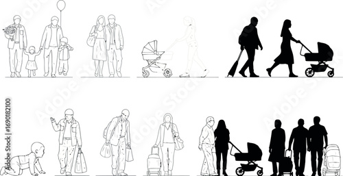 Vector vector art of silhouettes and line drawings of people at different life stages, including family, parents with stroller, and individuals with luggage transparent background