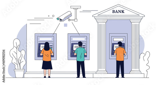 Secure banking transactions with surveillance camera monitoring ATM users for safety and trust