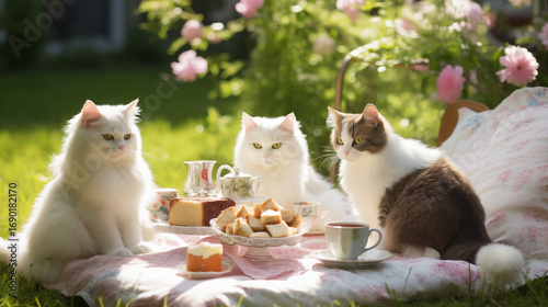 Adorable cats enjoy a delightful outdoor picnic in a garden, surrounded by blooming pink flowers. They sit on cushions next to a table filled with cakes and tea, basking in the warm sunlight. 