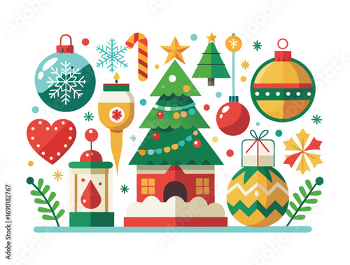Festive christmas holiday decorations including tree ornaments gifts and candy canes
