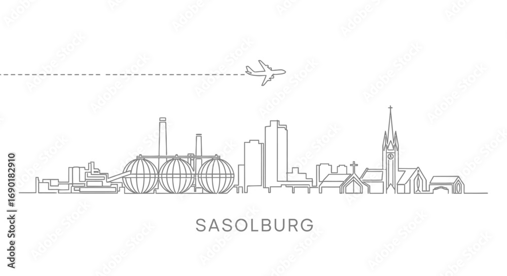 Obraz premium Sasolburg City Skyline Illustration with Airplane White Background.