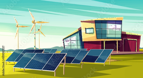 Modern eco-friendly house powered by solar panels and wind turbines in a sunny rural landscape