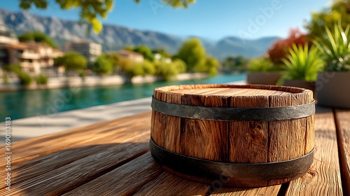 Wallpaper Mural Wooden barrel on patio overlooking river Torontodigital.ca