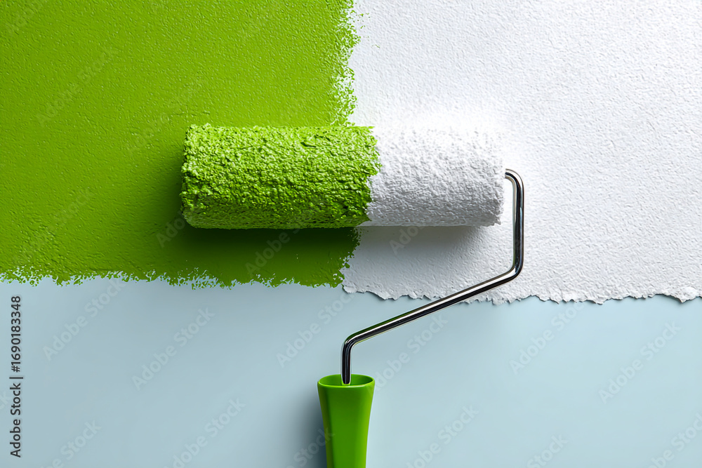 Obraz premium Close up of a green paint roller applying fresh vibrant green paint to a white wall