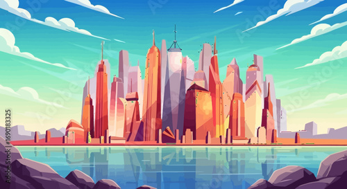 Vibrant cityscape reflects in calm water under a bright, expansive sky