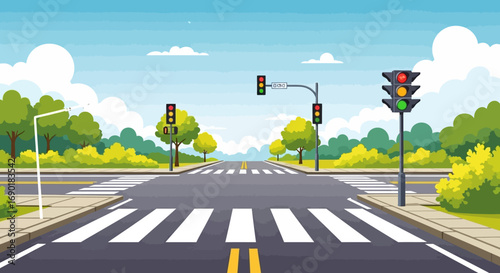 A clear sunny day at a busy intersection with a pedestrian crossing and traffic lights guiding the way.