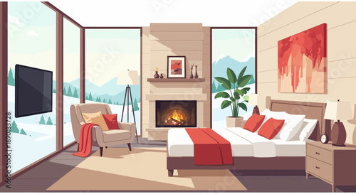 Cozy bedroom with fireplace and stunning mountain view through large windows