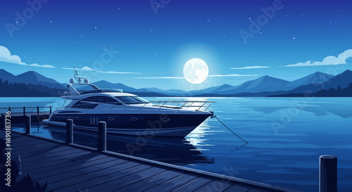 Luxurious yacht docked peacefully on calm water under a full moon.