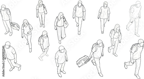 Vector vector art of top view sketch of a group of people walking, transparent background