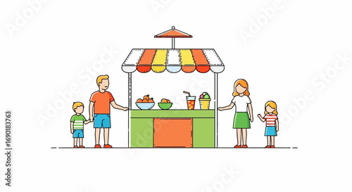 A happy family enjoys treats from a colorful outdoor food stand on a sunny day.
