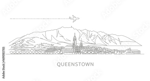 Queenstown with New Zealand Cityscape Line Art, Plane, and Mountains.