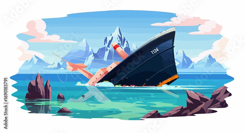 Grand ship sinking dramatically into icy ocean waters near jagged mountains.