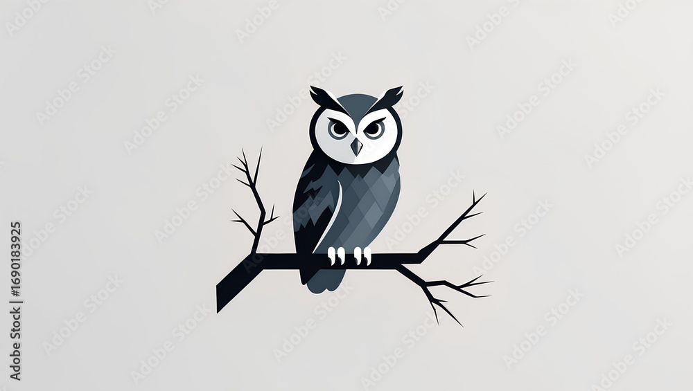Obraz premium Cute owl perched on a tree branch in flat vector style. Ideal for wildlife, nature, education, and children’s book illustrations.