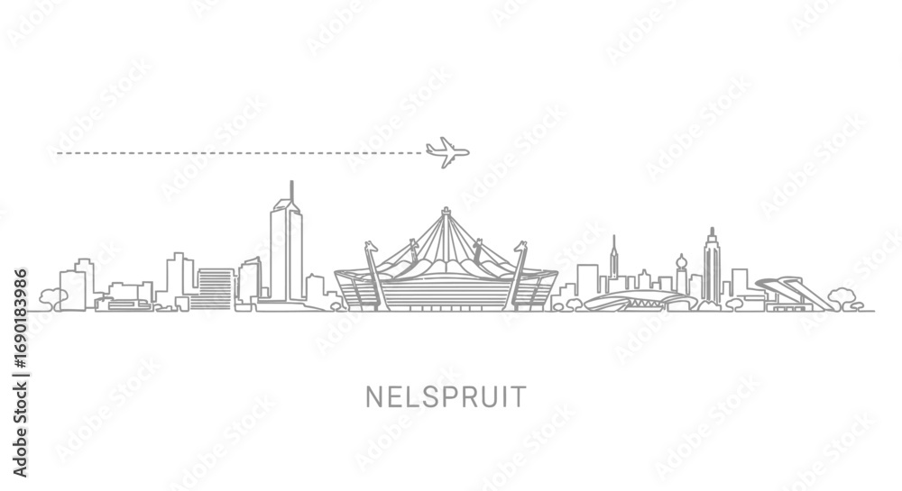 Obraz premium Nelspruit Skyline Cityscape with Airplane with Vector Outline.