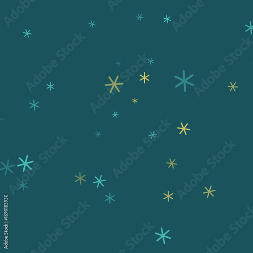 Winter Holiday Pattern with Scattered Gold and Blue Teal Stylized Snowflakes on Dark Background