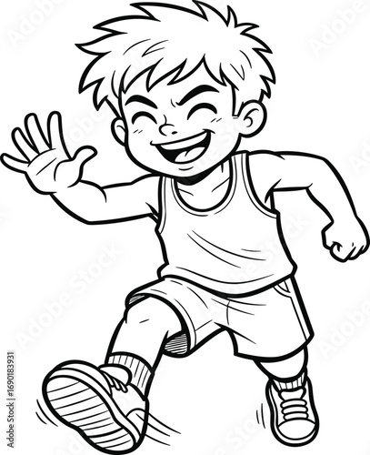 Running boy, cartoon sketch, black and white drawing, joyful motion, sleeveless shirt, spiky hair, smiling face, sporty outfit, energetic pose, playful character
