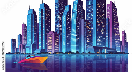 Futuristic cityscape with vibrant neon skyscrapers and a sleek boat gliding on reflective water at night.