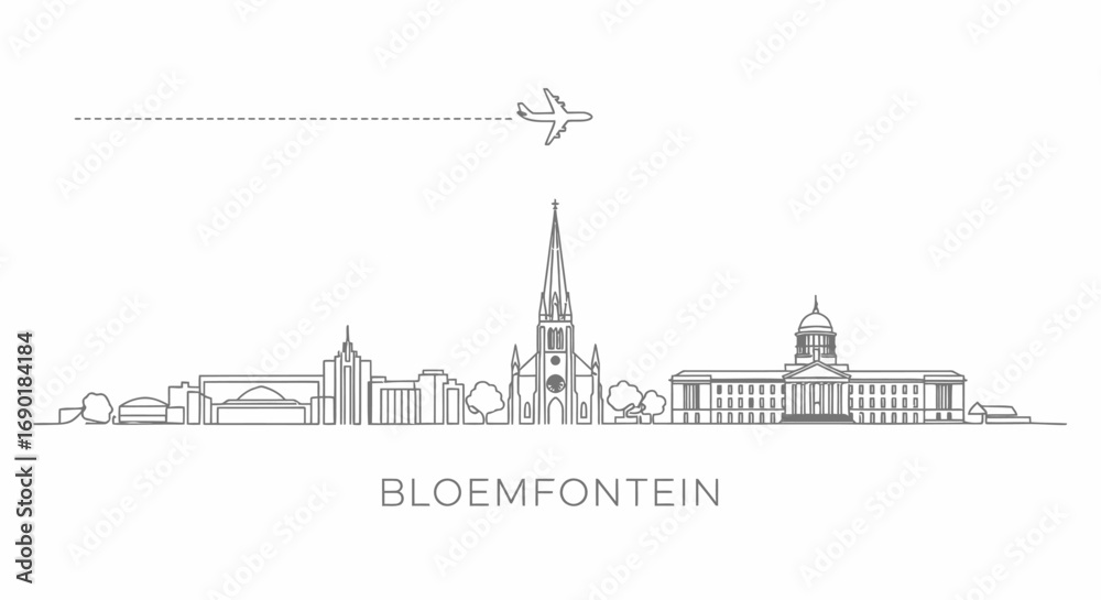 Obraz premium Bloemfontein with South Africa city skyline line art, and plane flying.