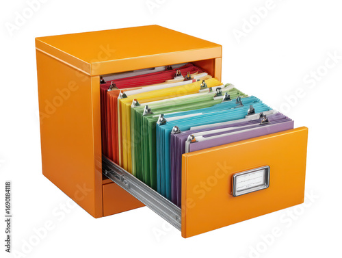Open orange filing cabinet drawer filled with colorful file folders against a black backdrop