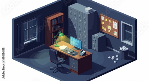 Quiet office workspace with computer and lamp at night, offering a sense of solitude and focus.