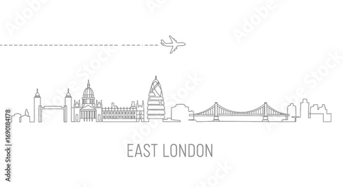 East London Skyline Outline with Airplane  Travel with UK.