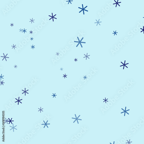 Stylized blue snowflakes and stars softly falling on a serene light blue backdrop.