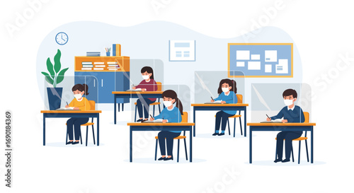 Students learning safely in classroom with social distancing shields and masks for protection