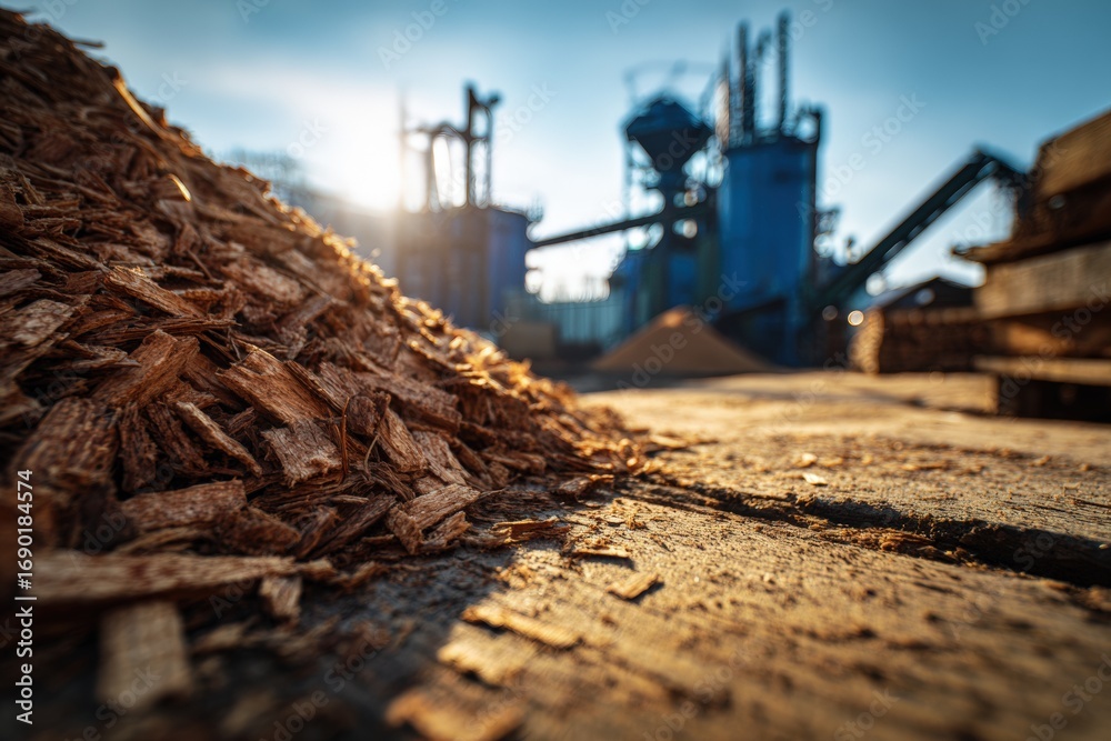 Obraz premium Wood chips piled outdoors. Industrial setting