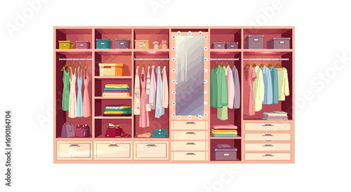 Organized and stylish walk-in closet filled with colorful clothing and accessories.