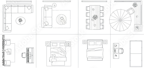 Vector vector art of collection of topdown architectural floor plan drawings of various rooms and furniture layouts transparent background