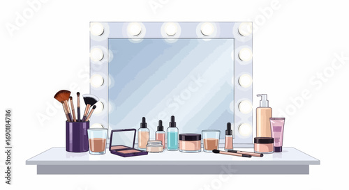 Vanity mirror with bright lights and assorted makeup products displayed on a white shelf