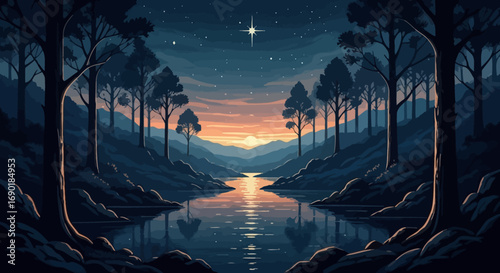 Serene river flows through a tranquil forest valley at twilight, with a bright star overhead.