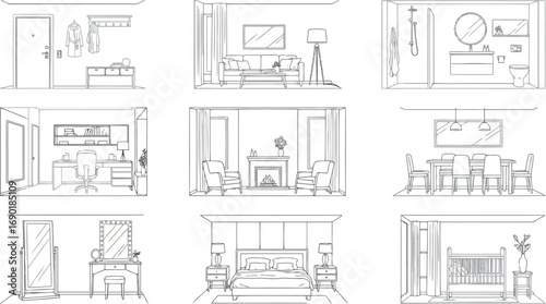 Vector vector art of set of handdrawn interior architectural elevations depicting various furnished rooms transparent background
