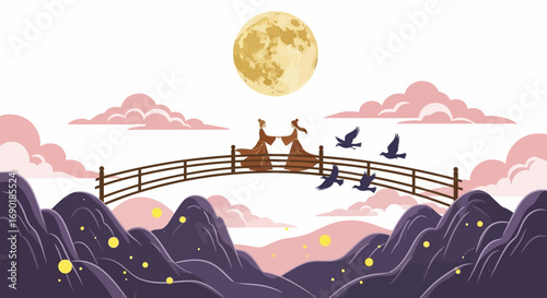 Two figures in traditional attire embrace on a bridge under a full moon, with birds flying overhead and a serene landscape below.