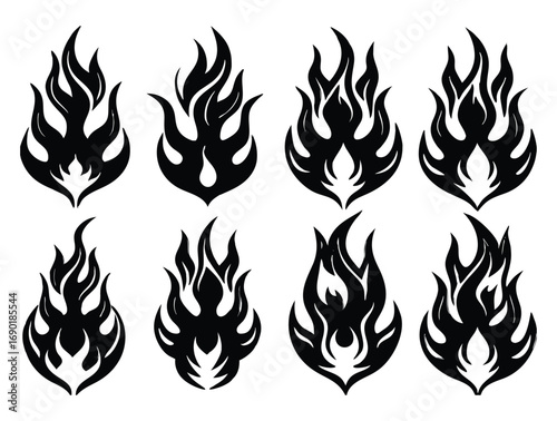 Dynamic black silhouette flames set wildfire symbol abstract shapes energetic design elements