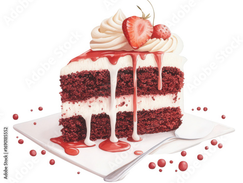 Slice of red velvet cake topped with cream and strawberries on a white plate with a silver serving utensil