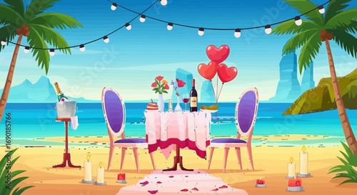 Romantic beachside dinner setting with candles, flowers, and ocean view under string lights.