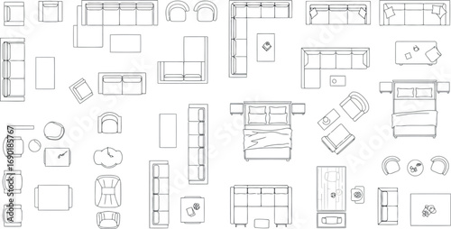 Vector vector art of collection of furniture and home decor elements in topdown view, transparent background
