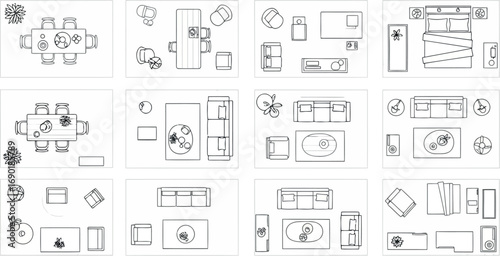 Vector vector art of collage of various furniture and interior design elements in topdown view, transparent background