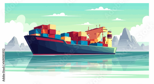 Massive cargo ship loaded with containers sails across calm ocean waters with distant mountains under a clear sky.