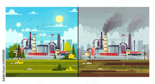 Split image showing a factory with clear blue skies and green landscape on one side, contrasting with smoggy skies and barren land on the other.