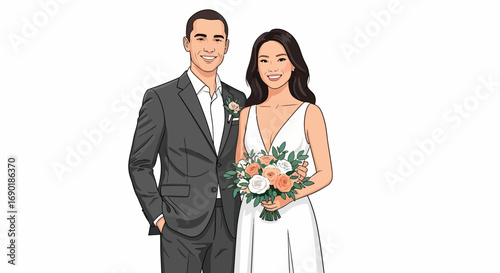 Joyful bride and groom in elegant wedding attire, celebrating their special day